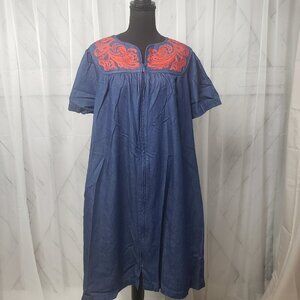 Go Softly Blue Chambray Paisley Embroidered Zip House Dress Robe Size M